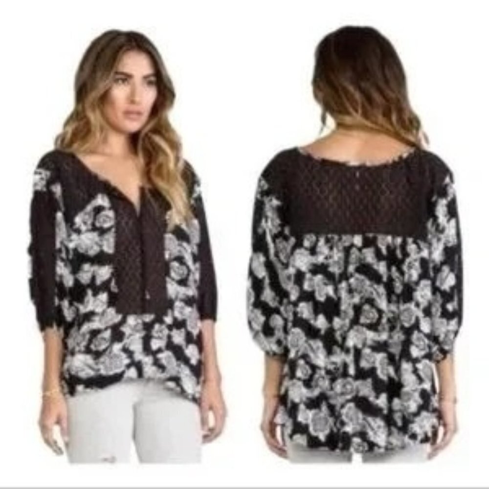 Free People Moon River Black Rose Floral Eyelet Oversized Tunic